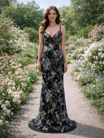 Black Prom Dress 3D Floral Applique
