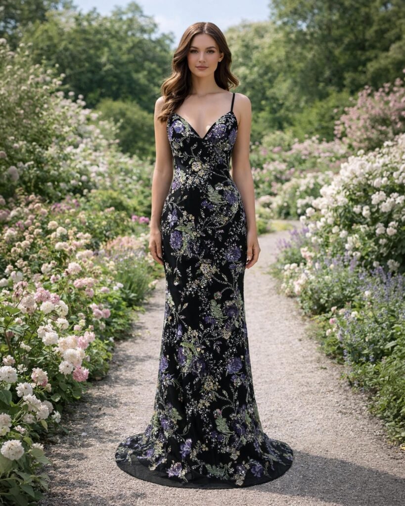 Black Prom Dress 3D Floral Applique