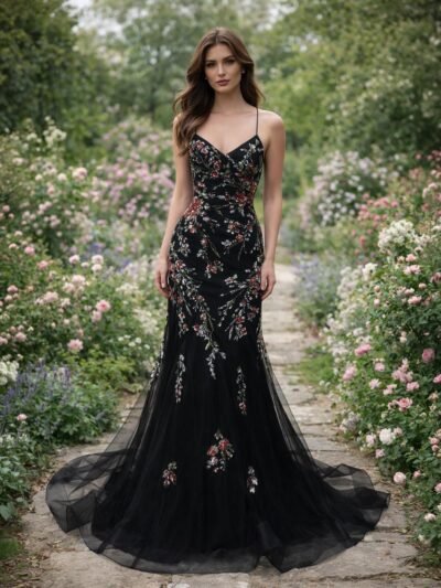 Custom Black Sequin Applique Prom Dress Red Floral Mermaid Gown