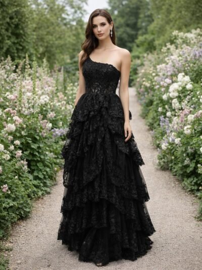 Black Prom Dress 3D Floral Applique