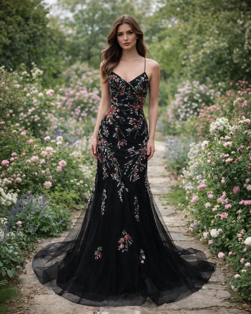 Custom Black Sequin Applique Prom Dress Red Floral Mermaid Gown