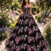 Black Prom Dress  3D Floral Applique