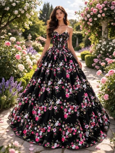 Black Prom Dress 3D Floral Applique