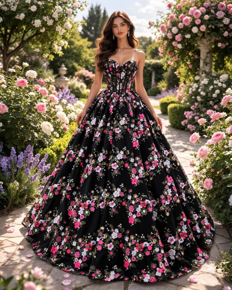 Black Prom Dress  3D Floral Applique