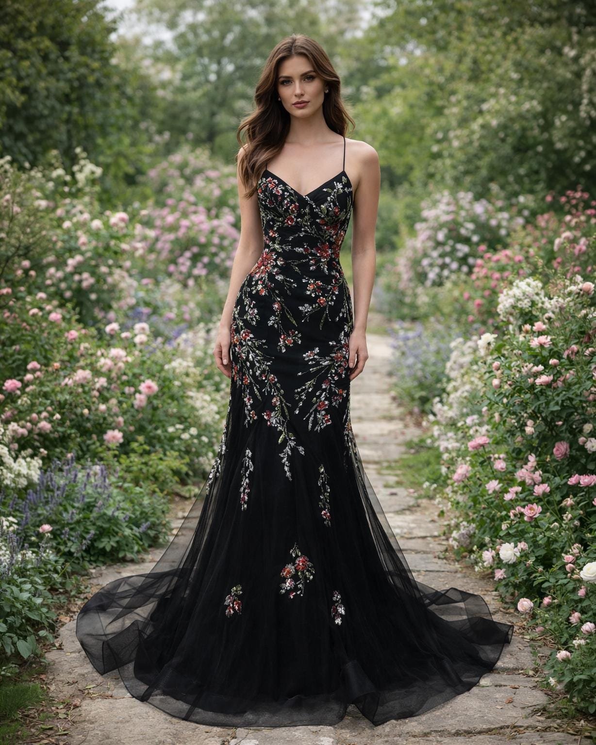 Custom Black Sequin Applique Prom Dress Red Floral Mermaid Gown