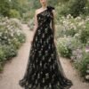 Black Wedding Dress 3D Floral Applique