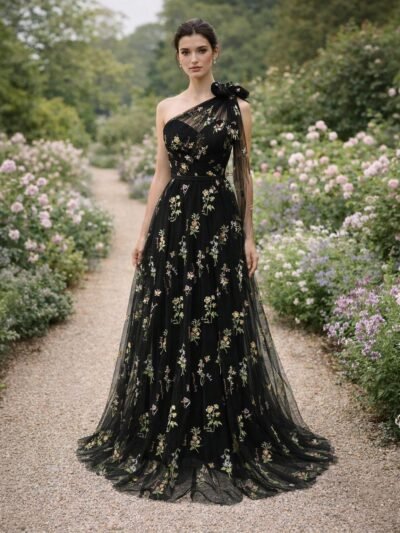 Black Wedding Dress 3D Floral Applique