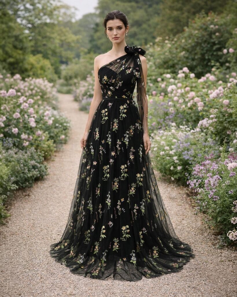 Black Wedding Dress 3D Floral Applique