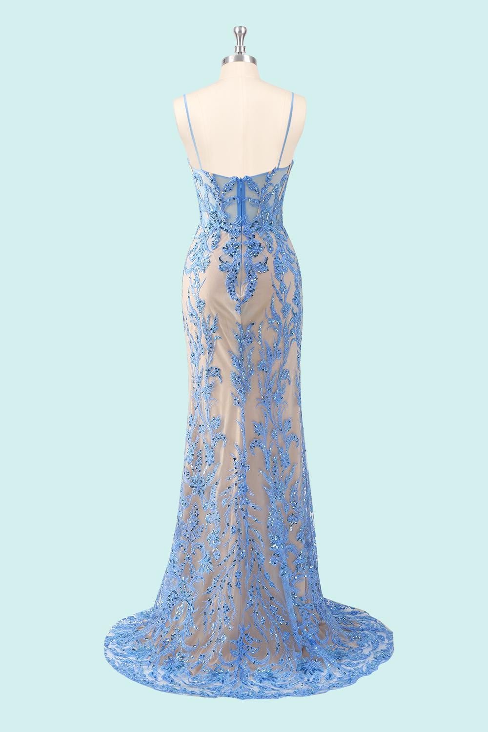 Blue Prom Dress 2026 Regencycore Lace, Custom Made Satin Evening Gown, Formal Gala Wear - Image 4