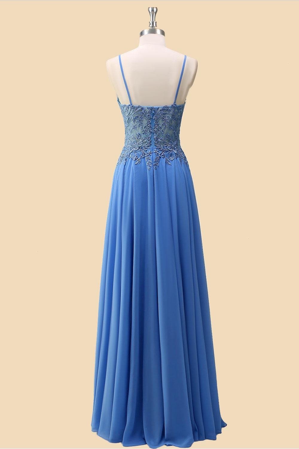 Blue Prom Dress 3D Floral Applique, Custom Made Embroidery Evening Gown, Formal Gala Wear - Image 4