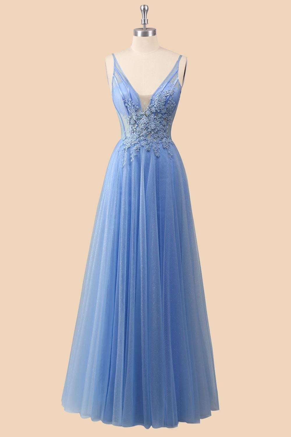 Blue Prom Dress 3D Floral Applique, Custom Made Embroidery Evening Gown, Formal Gala Wear - Image 4