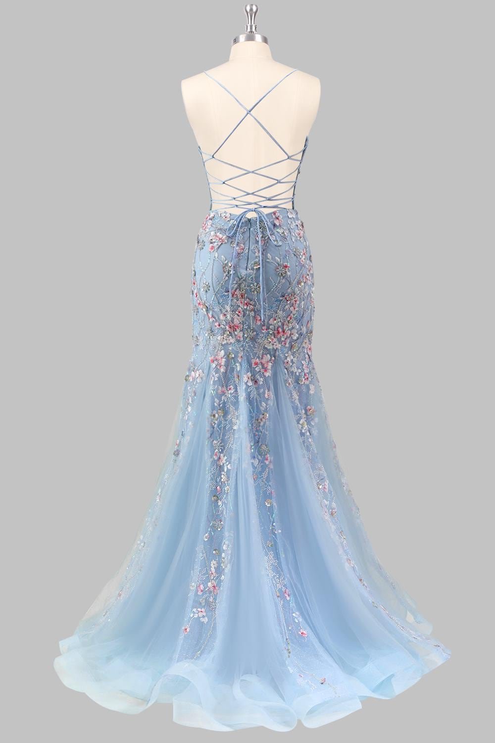 Blue Prom Dress 3D Floral Applique, Custom Made Embroidery Evening Gown, Formal Gala Wear - Image 4