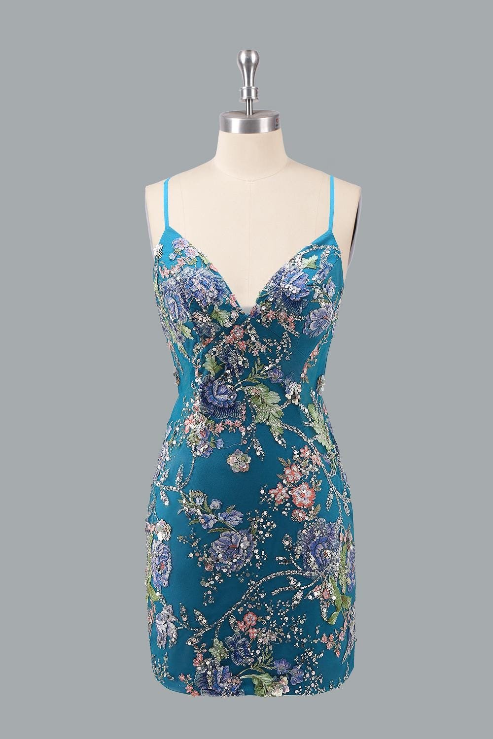 Blue Prom Dress 3D Floral Applique, Custom Made Embroidery Evening Gown, Formal Gala Wear - Image 4