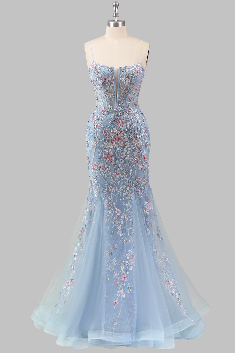 Blue Prom Dress 3D Floral Applique, Custom Made Embroidery Evening Gown, Formal Gala Wear - Image 5
