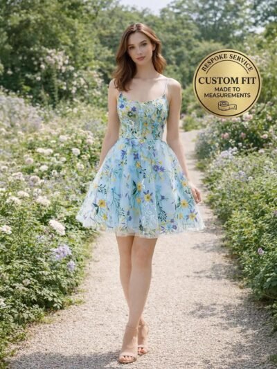 Blue Prom Dress 3D Floral Applique