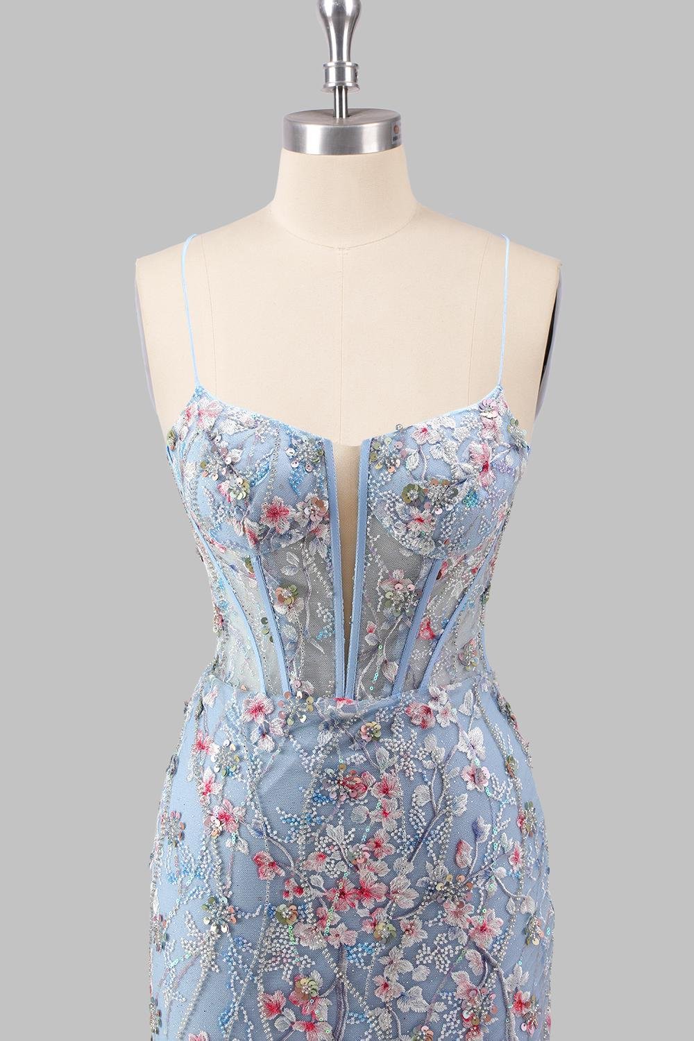 Blue Prom Dress 3D Floral Applique, Custom Made Embroidery Evening Gown, Formal Gala Wear - Image 6