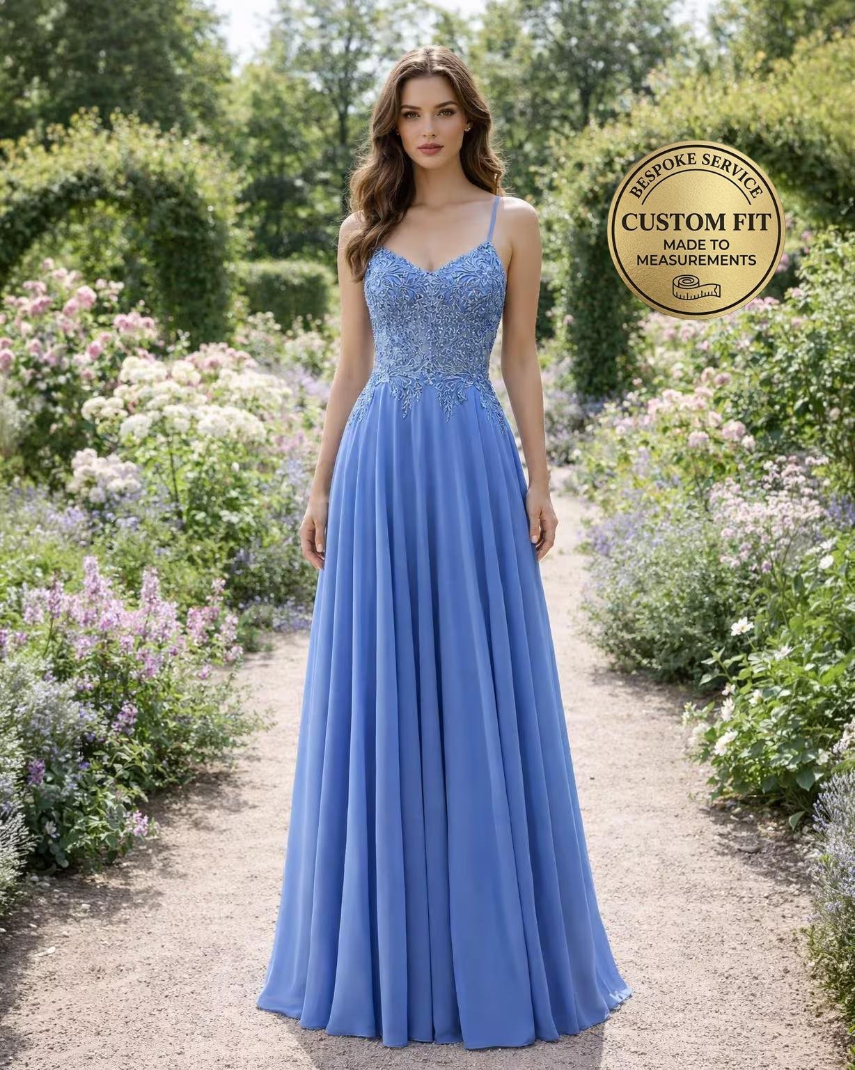 Blue Prom Dress 3D Floral Applique