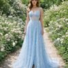 Blue Prom Dress 3D Floral Applique