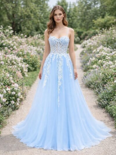 Blue Prom Dress  3D Floral Applique