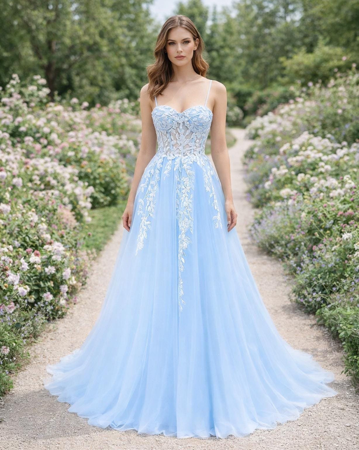 Blue Prom Dress 3D Floral Applique