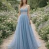 Blue Prom Dress  3D Floral Applique