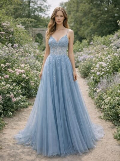 Blue Prom Dress  3D Floral Applique