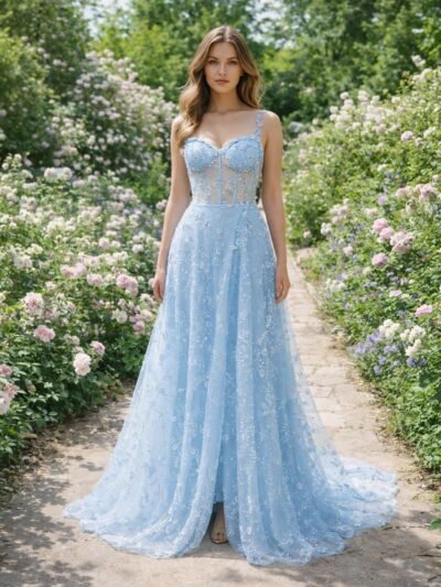 Blue Prom Dress 3D Floral Applique