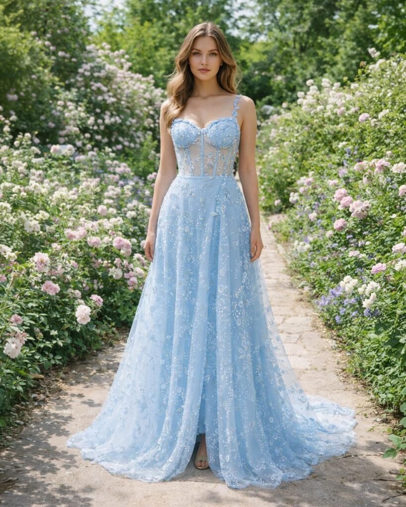 Blue Prom Dress 3D Floral Applique