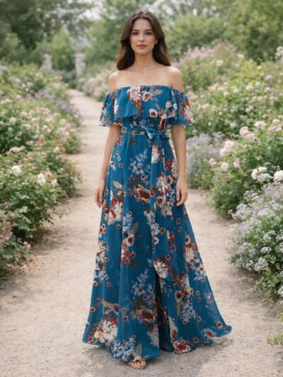 Blue Wedding Dress 3D Floral Applique