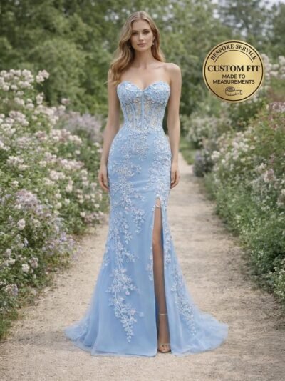 Blue Wedding Dress 3D Floral Applique