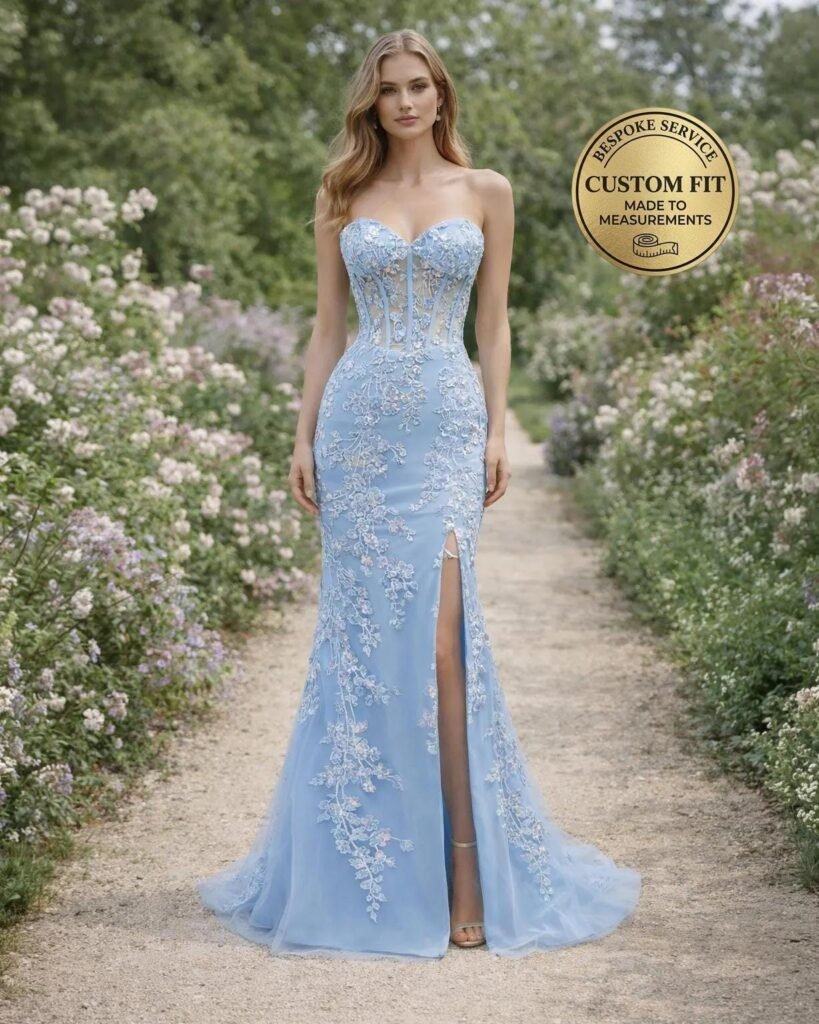 Blue Wedding Dress 3D Floral Applique