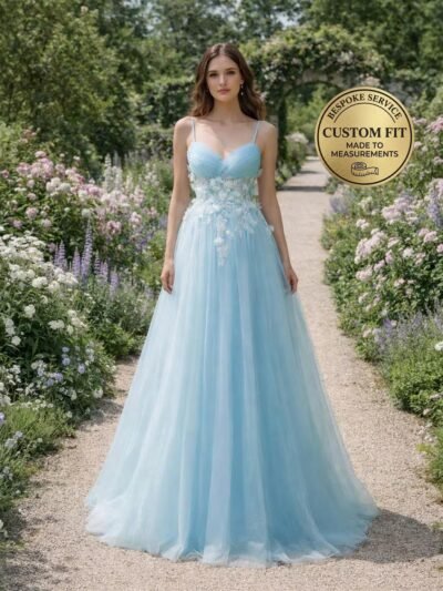 Blue Wedding Dress 3D Floral Applique