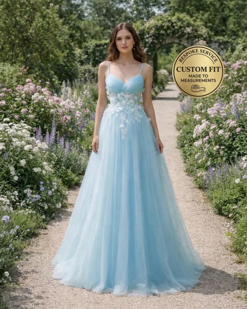 Blue Wedding Dress 3D Floral Applique