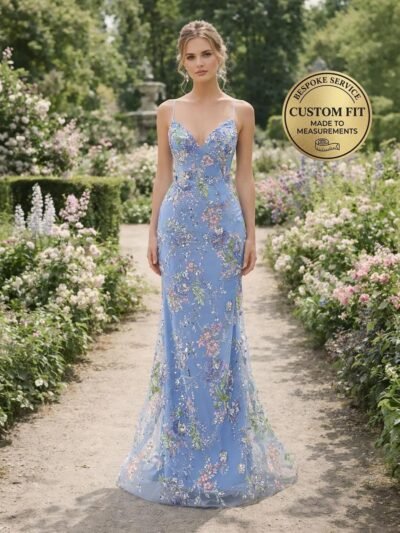 Blue Wedding Dress 3D Floral Applique