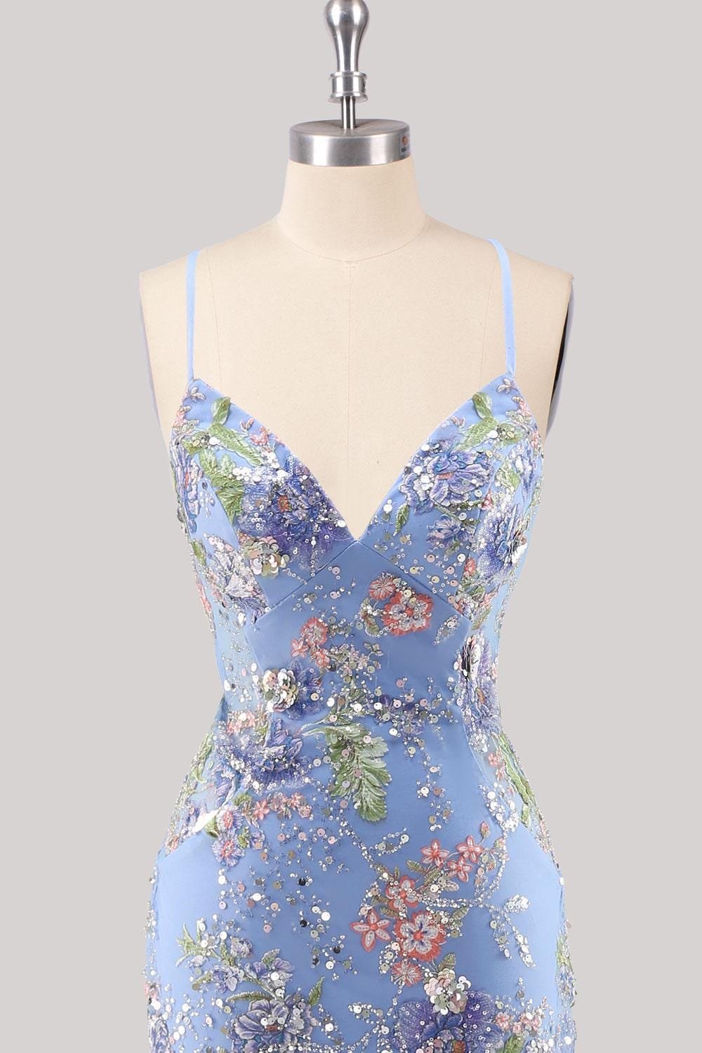 Blue Wedding Dress 3D Floral Applique, Custom Made Sequin Bridal Gown, Outdoor Wedding Wear - Image 6