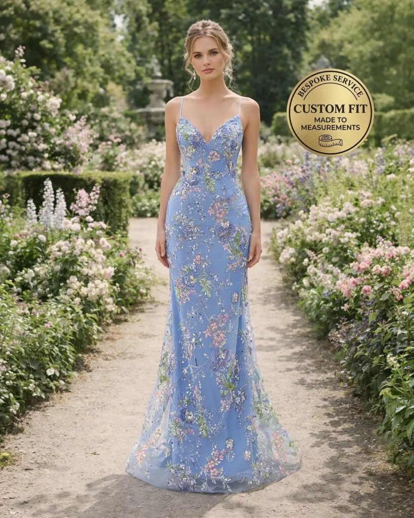 Blue Wedding Dress 3D Floral Applique