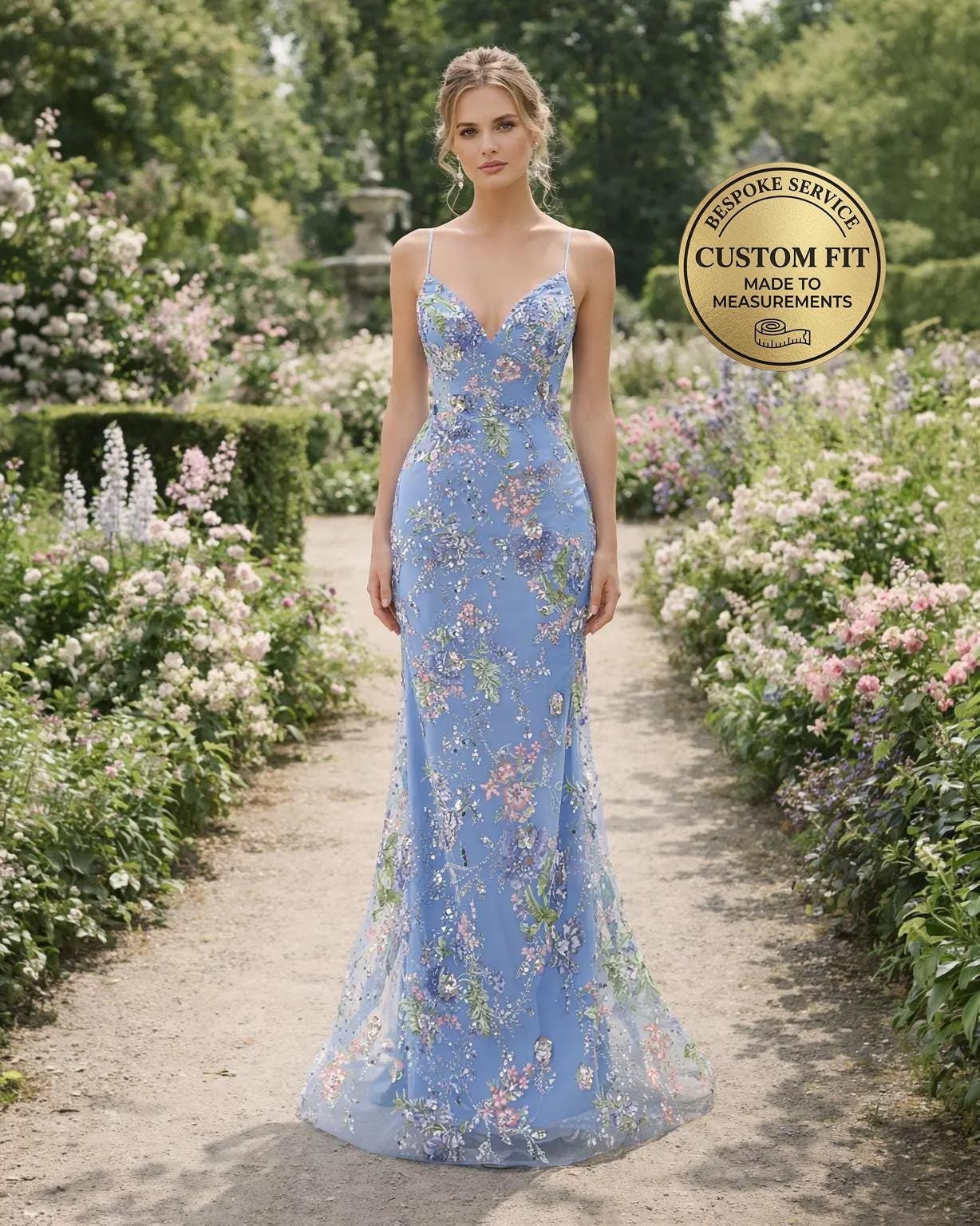 Blue Wedding Dress 3D Floral Applique