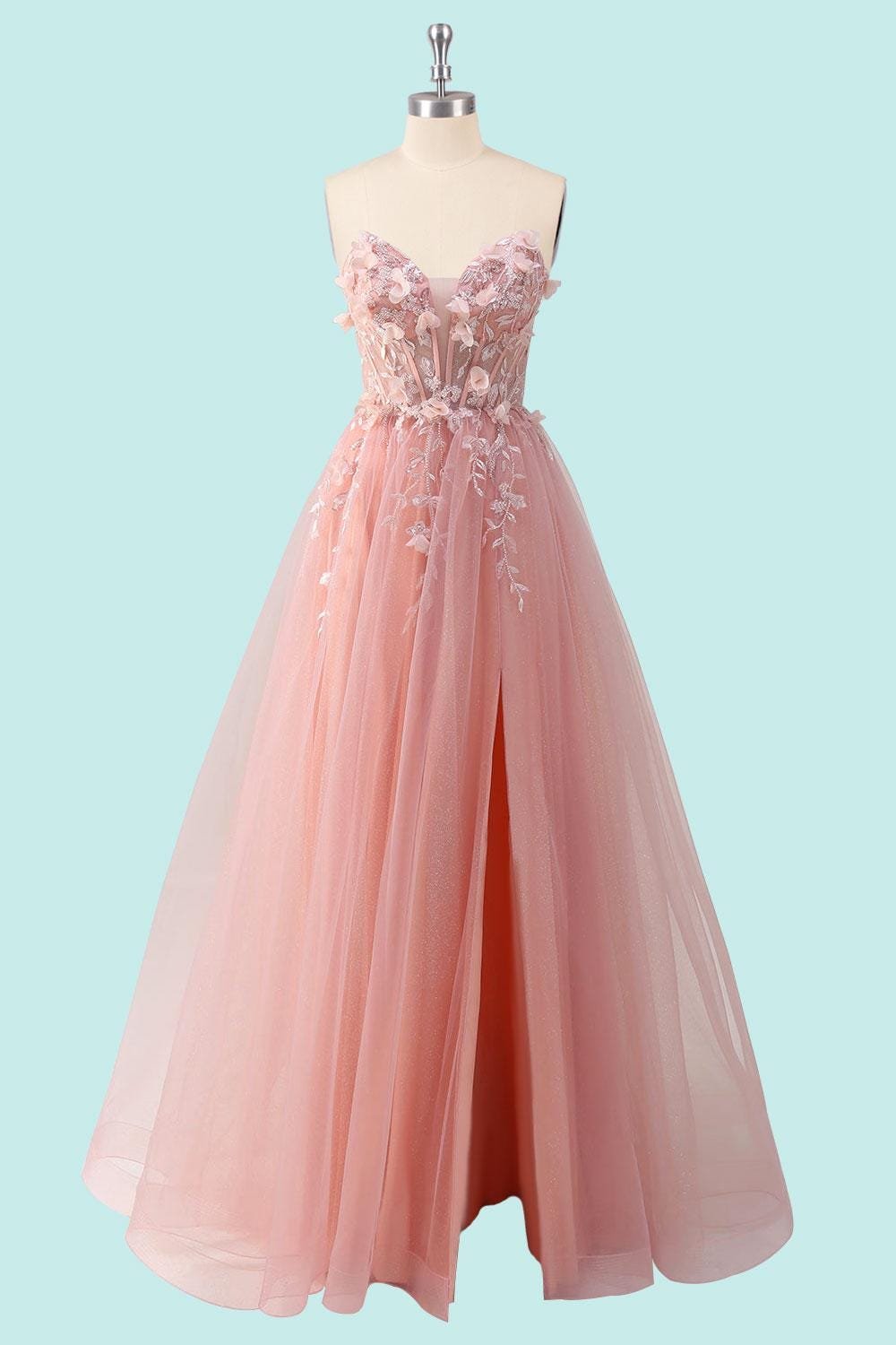 Blush Prom Dress 3D Floral Applique, Custom Made Embroidery Evening Gown, Formal Gala Wear - Image 4
