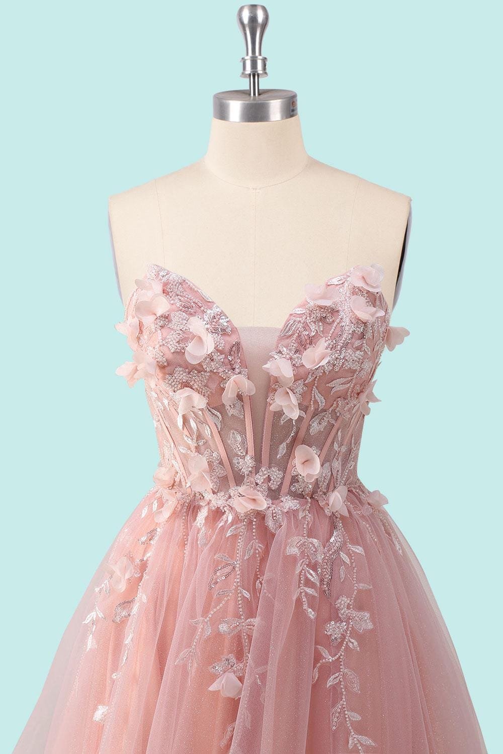 Blush Prom Dress 3D Floral Applique, Custom Made Embroidery Evening Gown, Formal Gala Wear - Image 6