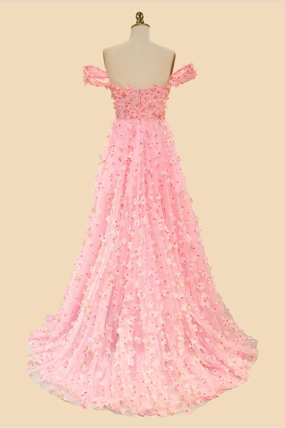 Blush Prom Dress 3D Floral Applique, Custom Made Satin Evening Gown, Formal Gala Wear - Image 4