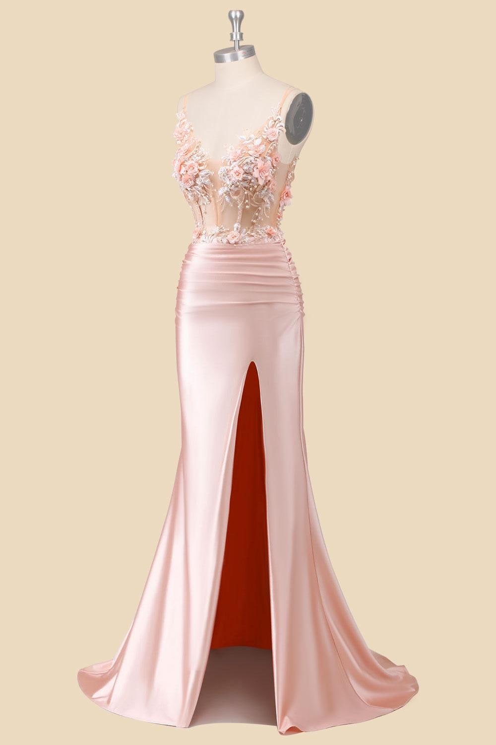 Blush Prom Dress 3D Floral Applique, Custom Made Satin Evening Gown, Formal Gala Wear - Image 4