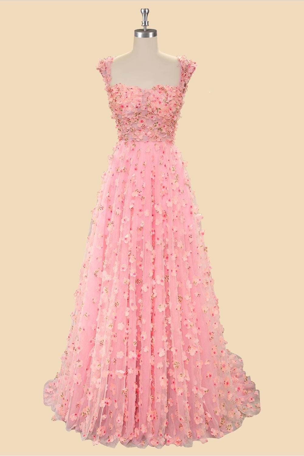 Blush Prom Dress 3D Floral Applique, Custom Made Satin Evening Gown, Formal Gala Wear - Image 5