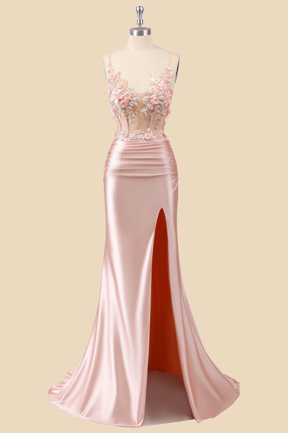Blush Prom Dress 3D Floral Applique, Custom Made Satin Evening Gown, Formal Gala Wear - Image 6
