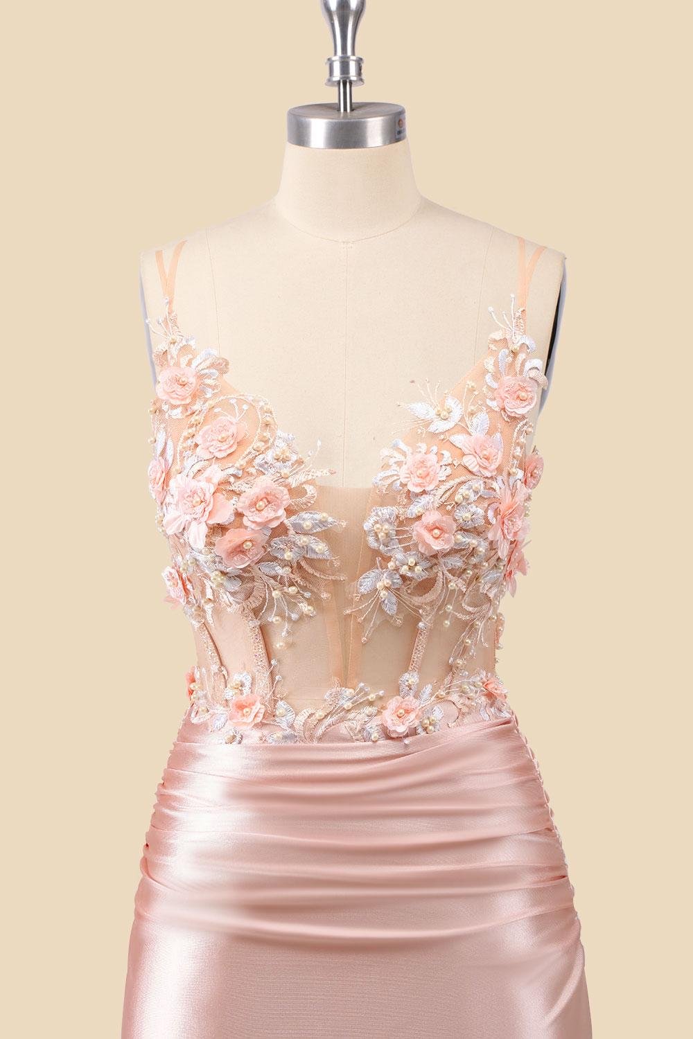 Blush Prom Dress 3D Floral Applique, Custom Made Satin Evening Gown, Formal Gala Wear - Image 7