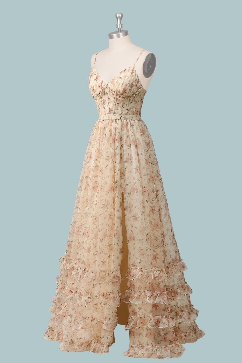 Champagne 2026 Prom Dress with 3D Floral Appliqué Custom Printed Flower Chiffon Evening Gown - Image 3