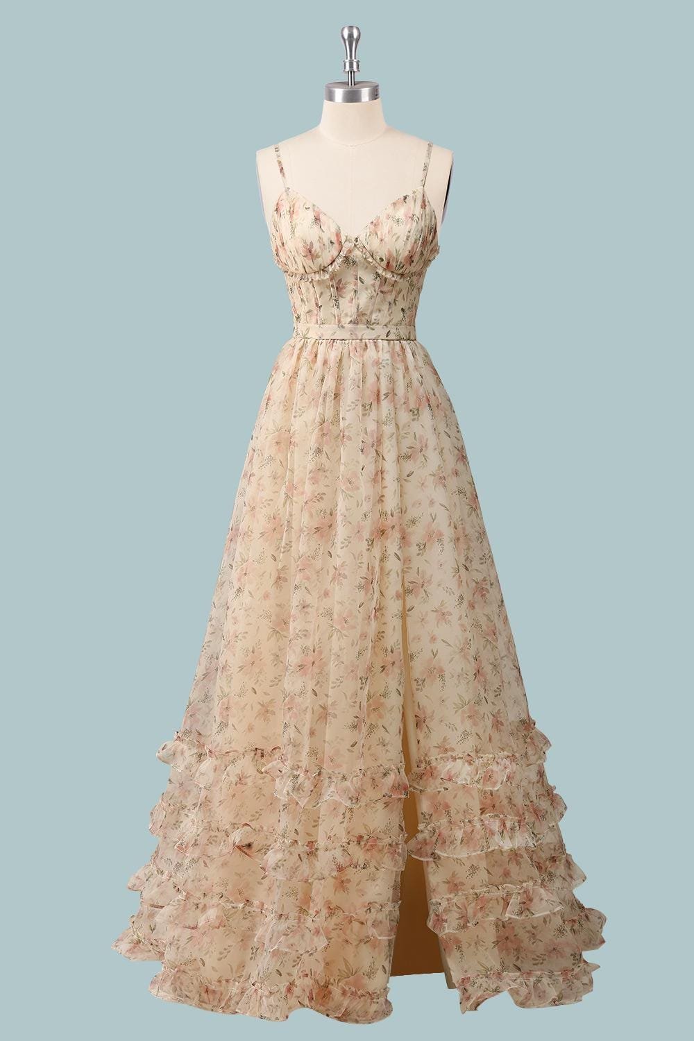 Champagne 2026 Prom Dress with 3D Floral Appliqué Custom Printed Flower Chiffon Evening Gown - Image 5