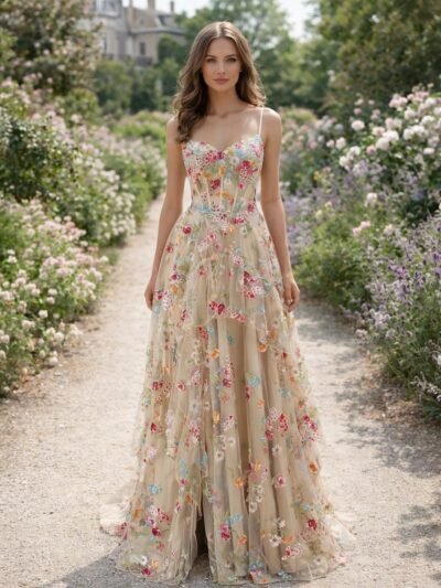 Champagne Prom Dress  3D Floral Appl