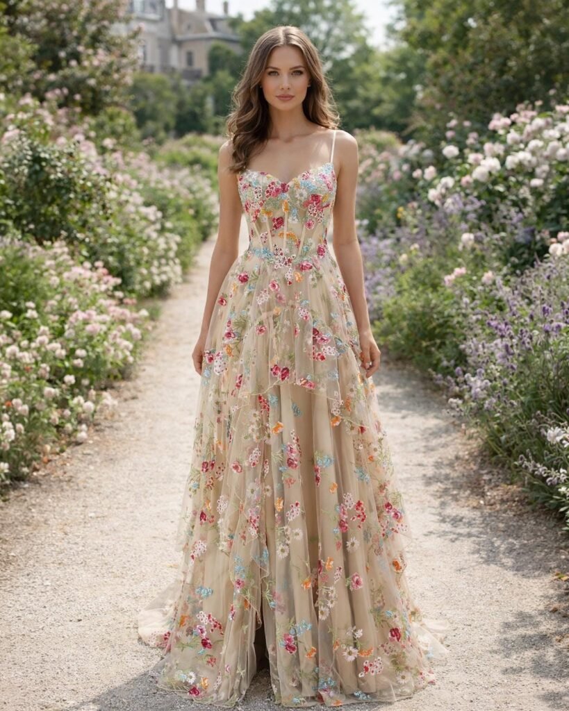 Champagne Prom Dress  3D Floral Appl