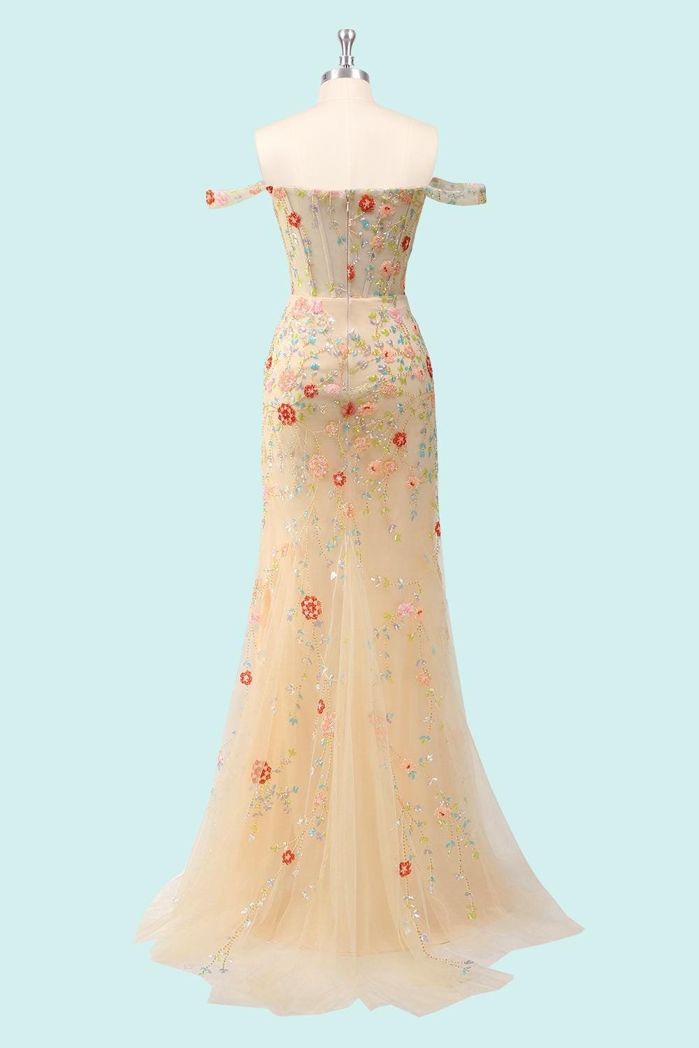 Champagne Prom Dress 3D Floral Appl, Custom Made Satin Evening Gown, Formal Gala Wear - Image 4