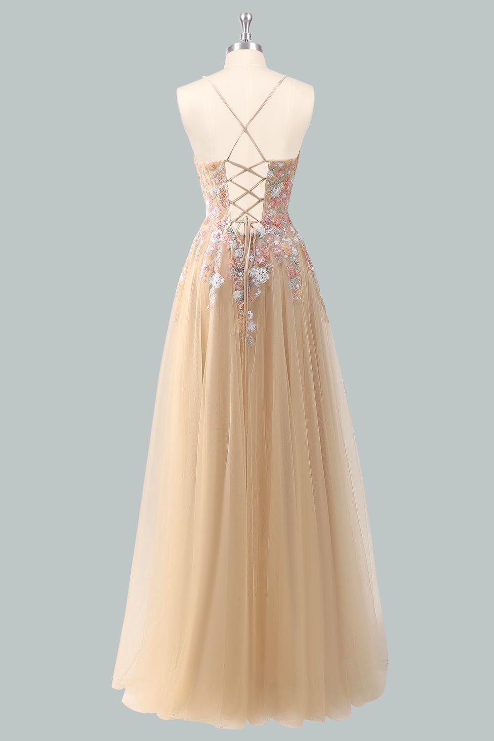 Champagne Prom Dress 3D Floral Appl, Custom Made Satin Evening Gown, Formal Gala Wear - Image 4